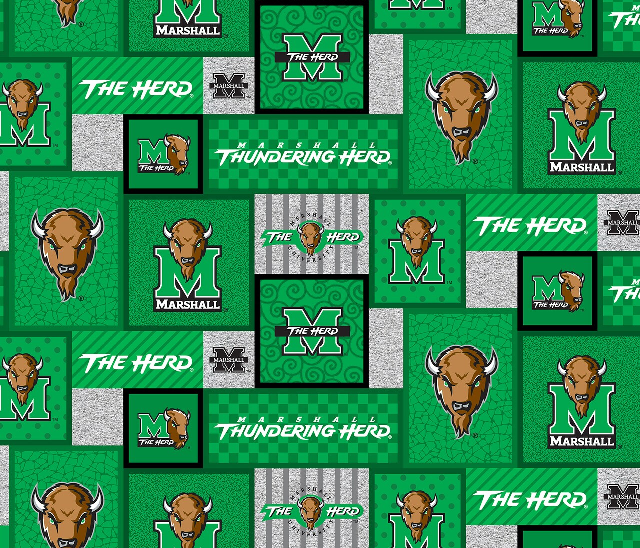 Sykel Enterprises-Marshall University Fleece Fabric-Marshall Thundering Herd College Patch Fleece Blanket Fabric-Sold by the yard